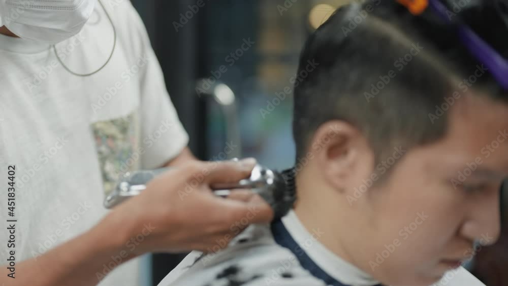 Close-up asia youth people culture new career job. Attractive mature man client face, comb hair on head, trendy short hair at night shop, beauty school academy or store owner elegance style startup. Close-up asia youth people culture new career job. Attractive mature man client face, comb hair on head, trendy short hair at night shop, beauty school academy or store owner elegance style startup.