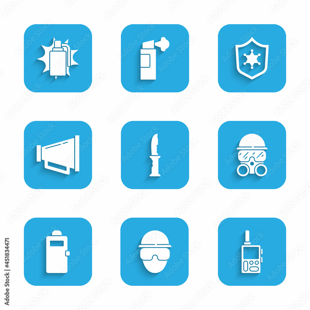 Set Military knife, Special forces soldier, Walkie talkie, Gas mask, Police assault shield, Megaphone, badge and Hand grenade icon. Vector Set Military knife, Special forces soldier, Walkie talkie, Gas mask, Police assault shield, Megaphone, badge and Hand grenade icon. Vector