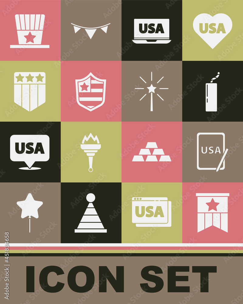 Set American flag, USA on graphic tablet, Dynamite bomb, laptop, Shield with stars, Patriotic hat and Firework icon. Vector Set American flag, USA on graphic tablet, Dynamite bomb, laptop, Shield with stars, Patriotic hat and Firework icon. Vector