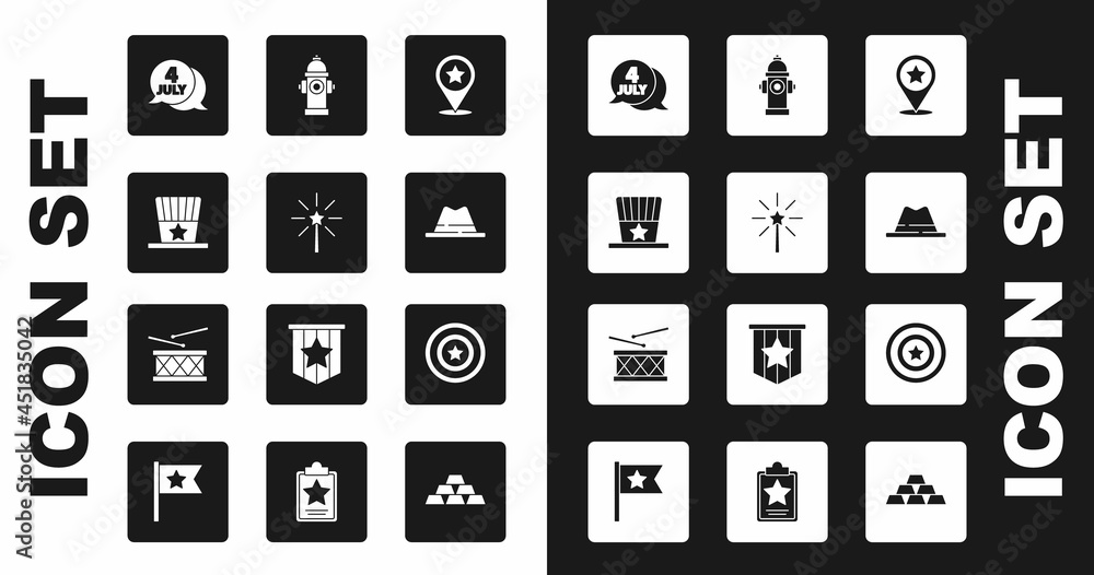 Set USA Independence day, Firework, Patriotic American top hat, Man with ribbon, hydrant, star shield and Drum and drum sticks icon. Vector Set USA Independence day, Firework, Patriotic American top hat, Man with ribbon, hydrant, star shield and Drum and drum sticks icon. Vector