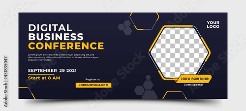 Digital business conference horizontal banner template. Modern banner design with hexagon frame shape. Usable for banner, cover, and header.