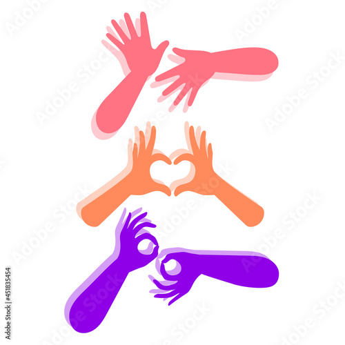 Hands show different gestures. International Day of Sign Languages. Flat vector illustration