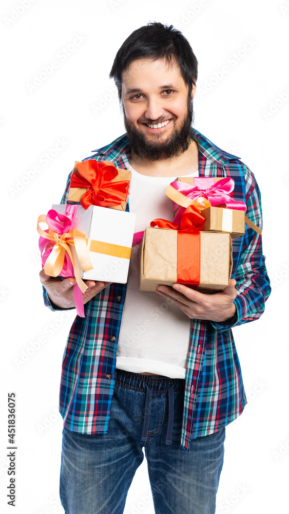 man holding a gift. isolated, white background. place for inscription man holding a gift. isolated, white background. place for inscription