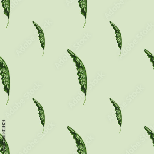 Minimalistic style seamless pattern with green palm foliage ornament. Grey background. Nature backdrop. © Lidok_L