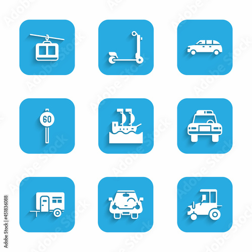 Set Sailboat, Car, Tractor, Police car and flasher, Rv Camping trailer, Speed limit traffic, Hatchback and Cable icon. Vector