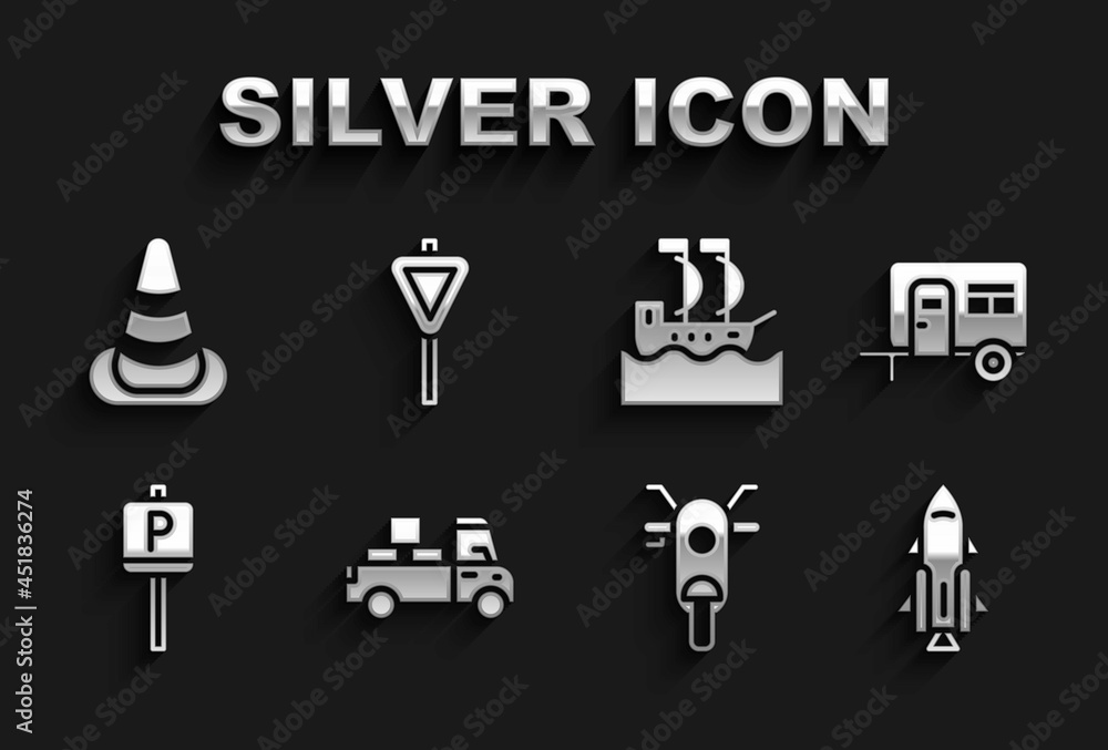 Set Delivery truck, Rv Camping trailer, Rocket ship with fire, Scooter, Parking, Sailboat, Traffic cone and Road traffic signpost icon. Vector Set Delivery truck, Rv Camping trailer, Rocket ship with fire, Scooter, Parking, Sailboat, Traffic cone and Road traffic signpost icon. Vector