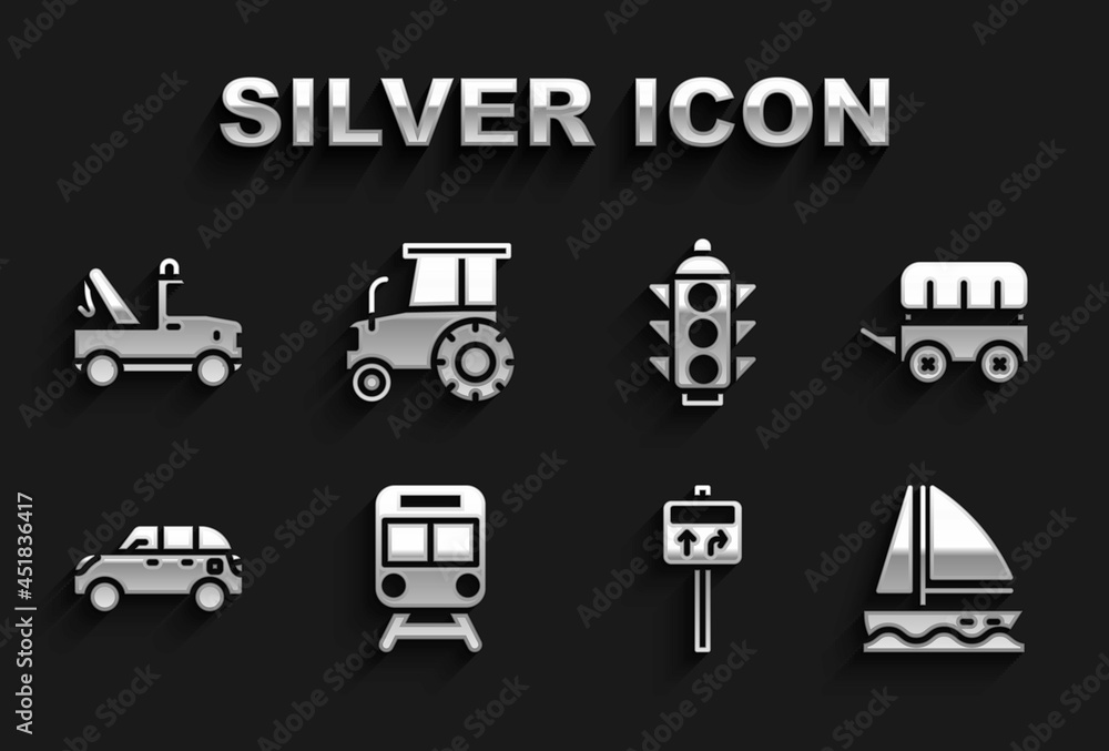 Set Train and railway, Wild west covered wagon, Yacht sailboat, Road traffic signpost, Hatchback car, Traffic light, Tow truck and Tractor icon. Vector