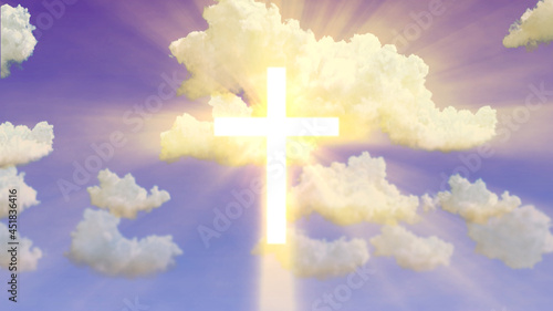 glowing christian cross symbol on cloudy sky backdrop . conceptual abstract 3D illustration