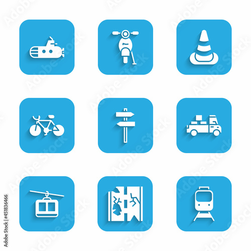 Set Road traffic signpost, Broken road, Train and railway, Delivery truck, Cable car, Bicycle, Traffic cone and Submarine icon. Vector