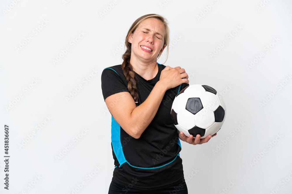Young football player woman isolated on white background suffering from pain in shoulder for having made an effort
