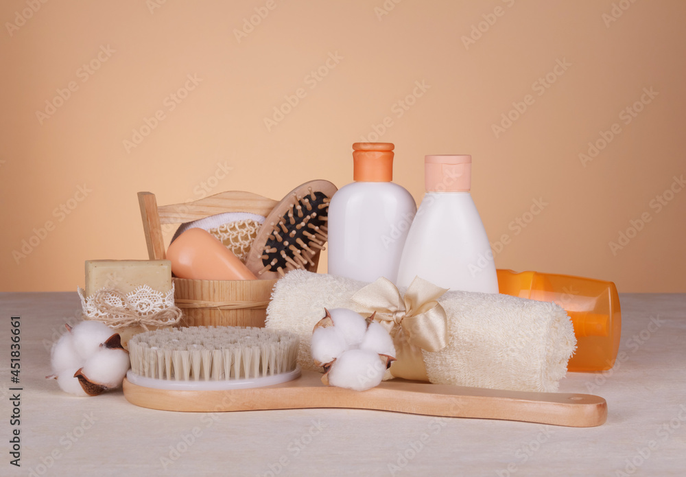 SPA set for home use. Body brush, scented soaps and skin care products