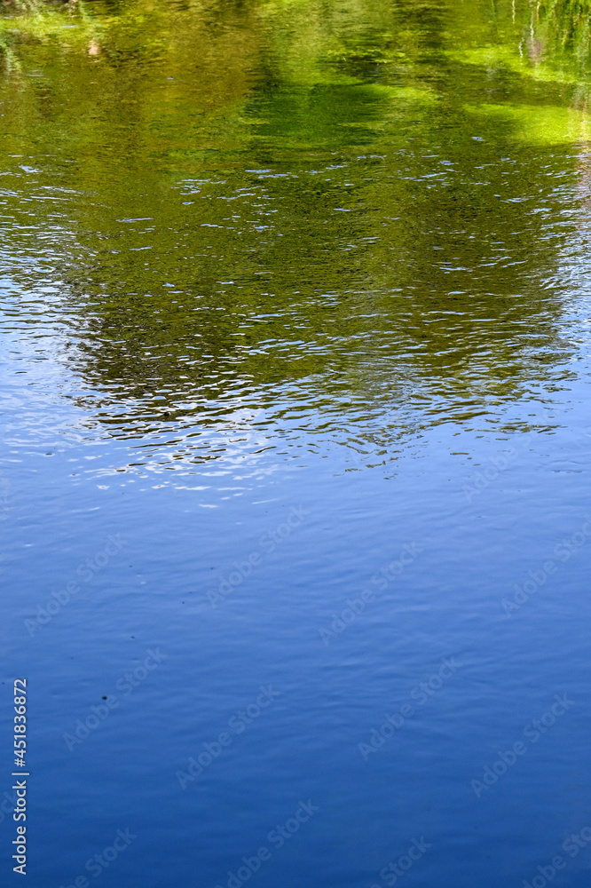 Blue sky and trees reflected in the water of a gently flowing river