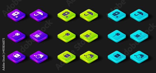 Set Rugby ball, Sherlock Holmes, Four leaf clover, Cup of tea with tea bag, Umbrella and Coffee cup to go icon. Vector