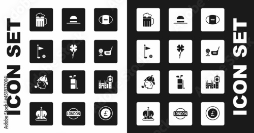 Set Rugby ball, Four leaf clover, Golf flag, Wooden beer mug, club with on tee, Elegant women hat, Big Ben tower and Sherlock Holmes icon. Vector