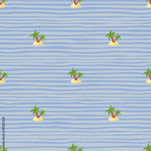 Summer seamless pattern with green palm tree and island shapes. Blue striped background. Hawaii print.