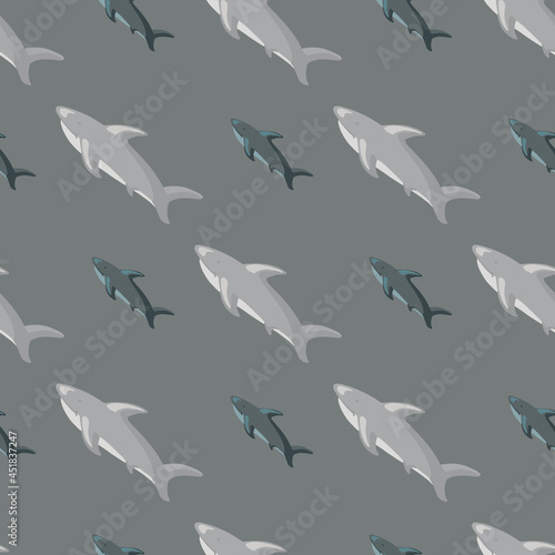 Grey colors seamless animal pattern with doodle simple style shark ornament. Nature doodle backdrop.