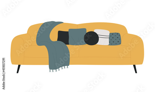 Modern yellow sofa couch with blanket and pillows for home living room decoration vector illustration. Cartoon settee couch, home furniture interior decor isolated on white