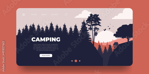 Camping web banner or landing page. Vector mockup.