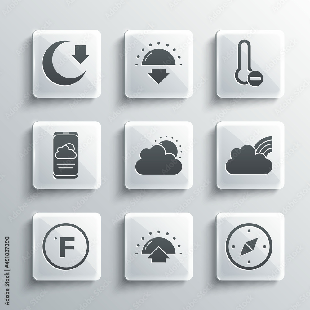 Set Sunrise, Compass, Rainbow with clouds, and weather, Fahrenheit, Weather forecast, Moon and Meteorology thermometer icon. Vector Set Sunrise, Compass, Rainbow with clouds, and weather, Fahrenheit, Weather forecast, Moon and Meteorology thermometer icon. Vector