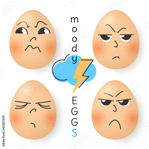 Set of cute cartoon eggs. Stickers of emotions. Angry disgruntled sadness moody  egg. Flat vector illustration.