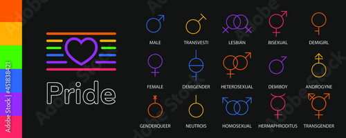 LGBTQ community, symbols isolated. Flat vector stock graphic. Concept of LGBTQ people, gays, lesbians. asexuals. Illustration with LGBTQ signs. Pride month