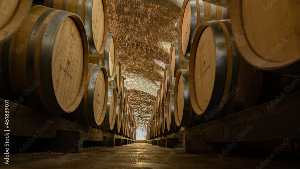 wine barrels in cellar, Turin