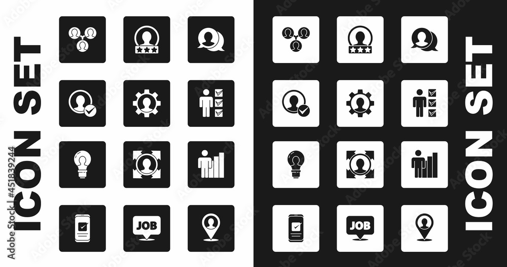 Set Speech bubble chat, Human with gear, Create account screen, Project team base, User of in business suit, Productive human and Head lamp bulb icon. Vector Set Speech bubble chat, Human with gear, Create account screen, Project team base, User of in business suit, Productive human and Head lamp bulb icon. Vector