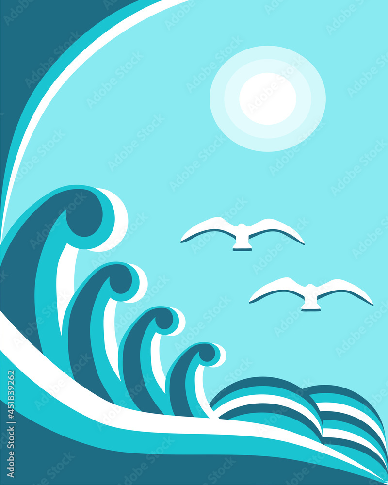 Waves of the sea and flying seagulls. Abstract illustration. Vector illustration. Waves of the sea and flying seagulls. Abstract illustration. Vector illustration.