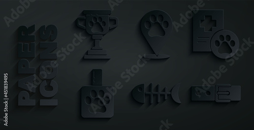 Set Fish skeleton, Clinical record pet, Pet shampoo, Collar with name tag, Location veterinary and award icon. Vector