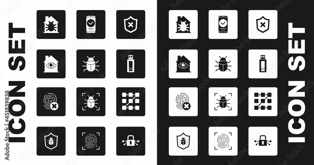 Set Shield with cross mark, System bug, House eye scan, system, USB flash drive, Smartphone, Graphic password protection and Cancelled fingerprint icon. Vector Set Shield with cross mark, System bug, House eye scan, system, USB flash drive, Smartphone, Graphic password protection and Cancelled fingerprint icon. Vector
