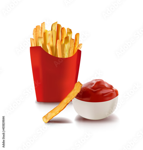 French fries and ketchup tomato sauce in ceramic cup. Roasted potato chips in deep fat fry oil potatoes. Yellow sticks. Fastfood. Unhealthy tasty food. Naturalistic Vector illustration.