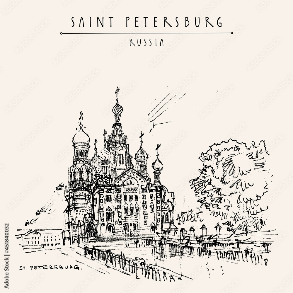 Vector Saint Petersburg, Russia postcard. The Church of the Savior on Spilled Blood (Cathedral of the Resurrection). Historical building. Travel sketch. Hand drawn illustration Vector Saint Petersburg, Russia postcard. The Church of the Savior on Spilled Blood (Cathedral of the Resurrection). Historical building. Travel sketch. Hand drawn illustration
