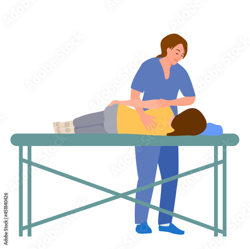 Female doctor chiropractor or osteopath fixing lying womans back with hands movements during visit in manual therapy clinic. Professional chiropractor during work. Vector illustration