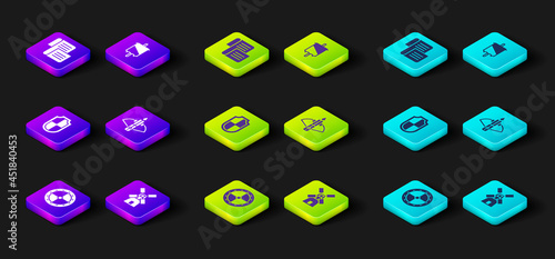 Set Round wooden shield, Windmill, Shield, Battle crossbow with arrow, Medieval flag and Decree, parchment, scroll icon. Vector