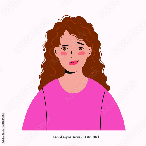 Expression on the face of a pretty curly-haired girl: distrustful.