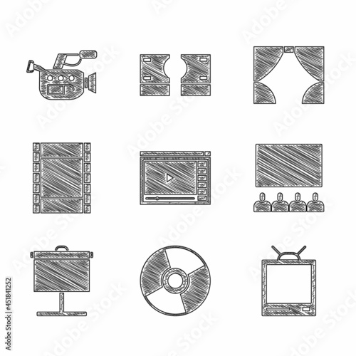 Set Online play video, CD or DVD disk, Retro tv, Cinema auditorium with screen, Projection, Play Video, Curtain and camera icon. Vector