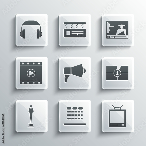 Set Cinema auditorium with seats, Retro tv, Old film movie countdown frame, Megaphone, Movie trophy, Play Video, Headphones and Online play video icon. Vector