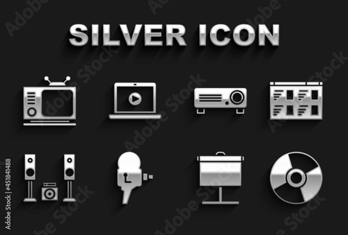 Set Retro cinema camera, Online play video, CD or DVD disk, Projection screen, Home stereo with two speakers, Movie, film, media projector, tv and icon. Vector