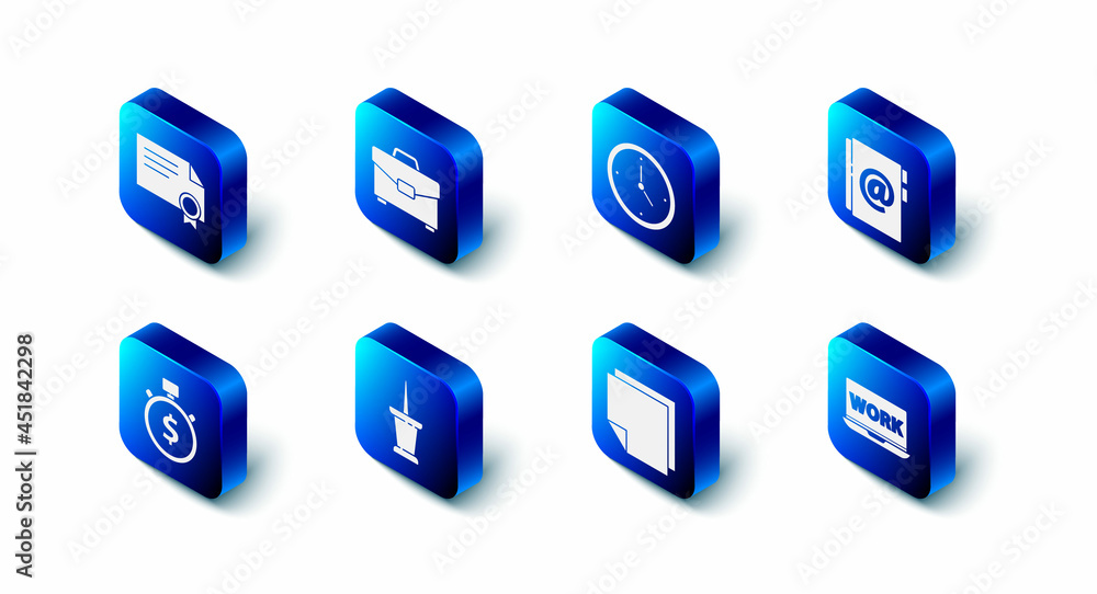 Set Briefcase, Clock, Address book, Laptop with text work, Post note stickers, Push pin, Time is money and Certificate template icon. Vector