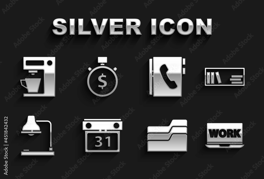 Set Calendar, Shelf with books, Laptop text work, Document folder, Table lamp, Address, Coffee machine and Time is money icon. Vector Set Calendar, Shelf with books, Laptop text work, Document folder, Table lamp, Address, Coffee machine and Time is money icon. Vector
