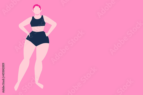 Concept on unrealistic feminine beauty standards. White woman in underwear. Flat vector illustration on pink background