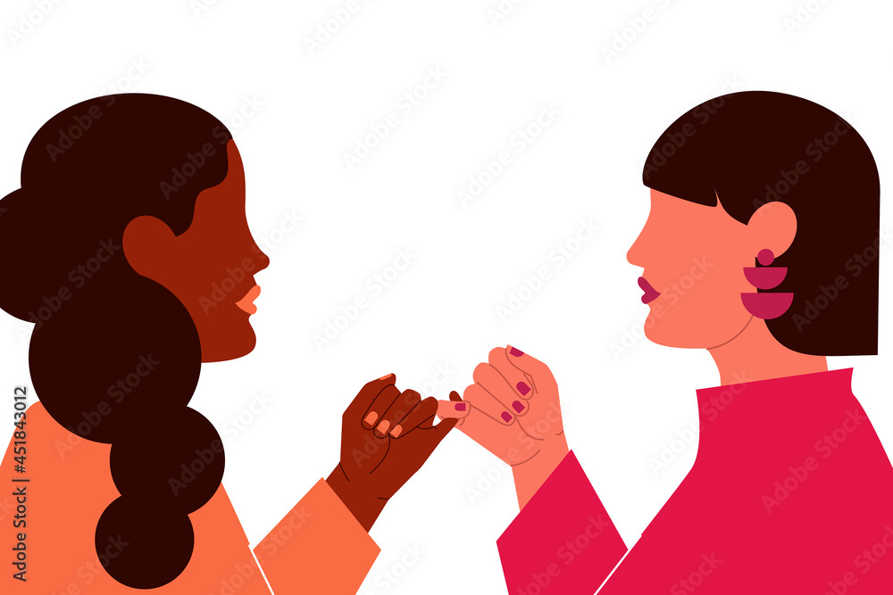 Two friends locking pinkies, making pinky promise. Character design