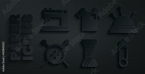 Set Yarn, Needle bed and needles, Sewing button knitting, Safety pin, T-shirt and machine icon. Vector