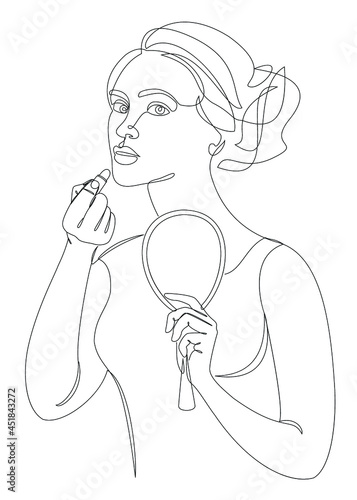 Silhouette of a lady. A woman does makeup, paints her lips with lipstick in a modern one line style. Continuous line drawing, outline for home decor, posters, stickers, logo. Vector illustration.