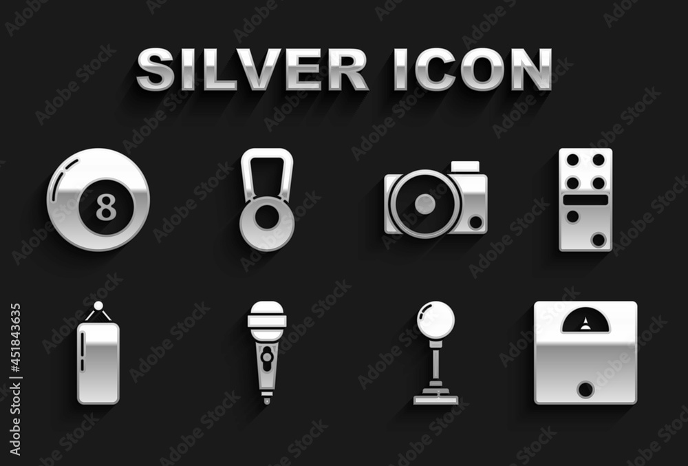 Set Microphone, Domino, Bathroom scales, Joystick for arcade machine, Punching bag, Photo camera, Billiard pool snooker ball and Kettlebell icon. Vector Set Microphone, Domino, Bathroom scales, Joystick for arcade machine, Punching bag, Photo camera, Billiard pool snooker ball and Kettlebell icon. Vector