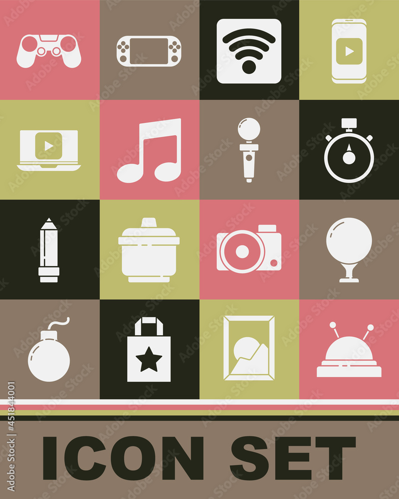 Set Needle bed and needles, Golf ball on tee, Stopwatch, Wi-Fi wireless internet network, Music note, tone, Online play video, Gamepad and Joystick for arcade machine icon. Vector Set Needle bed and needles, Golf ball on tee, Stopwatch, Wi-Fi wireless internet network, Music note, tone, Online play video, Gamepad and Joystick for arcade machine icon. Vector