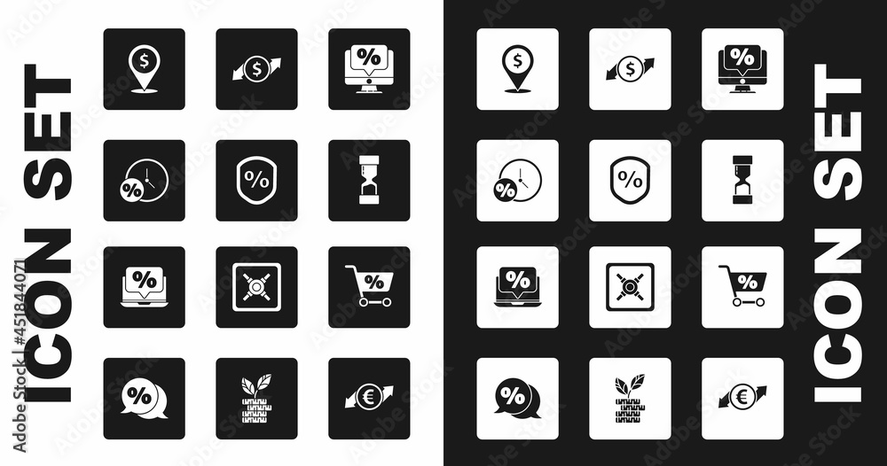 Set Percent discount and monitor, Loan percent, Clock, Cash location, Old hourglass, Financial growth dollar, Shopping cart and laptop icon. Vector Set Percent discount and monitor, Loan percent, Clock, Cash location, Old hourglass, Financial growth dollar, Shopping cart and laptop icon. Vector