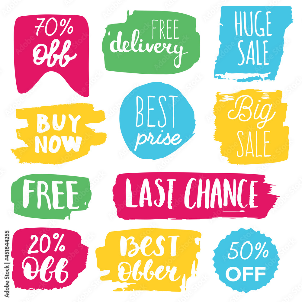 Set of sale labels. Hand drawn vector illustration labels for shopping, e-commerce, product promotion, social media stickers, marketing. Set of sale labels. Hand drawn vector illustration labels for shopping, e-commerce, product promotion, social media stickers, marketing.