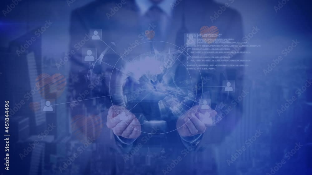 Animation of data processing over businessman holding globe of connections Animation of data processing over businessman holding globe of connections