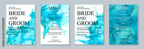 Modern watercolor background or elegant card design for birthday invite or wedding or menu with abstract teal blue ink stains and splashes on a white.